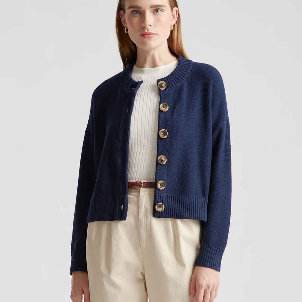 Quince 100% Organic Cotton Cropped Cardigan Navy